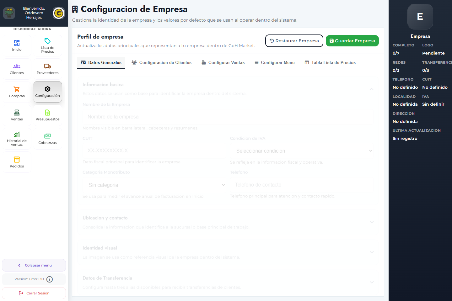 Captura real de Configuración de Empresa