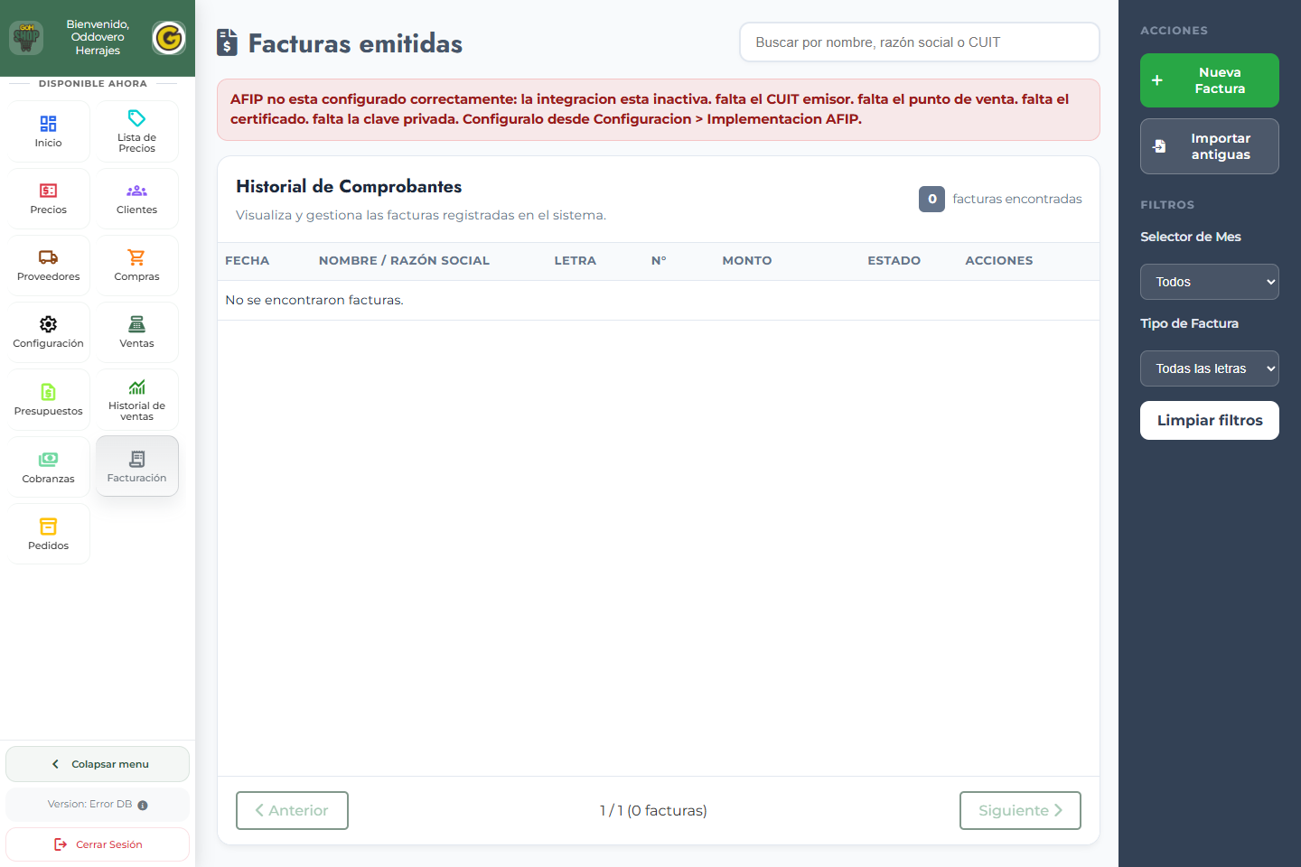 Pantalla real de facturacion de GOH SHOP