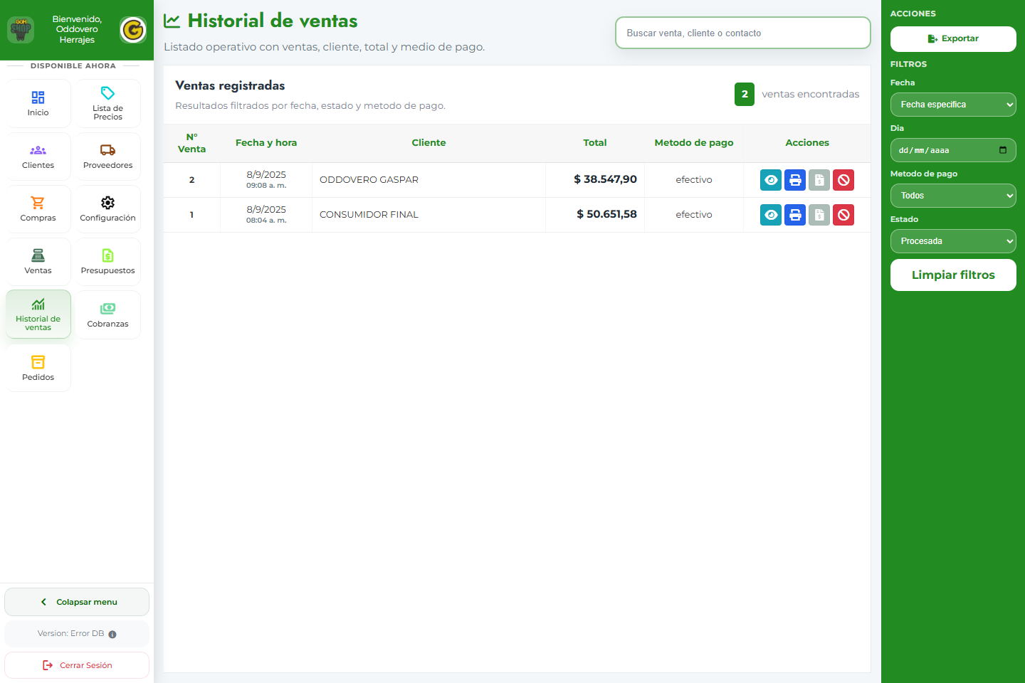 Captura real de Historial de ventas