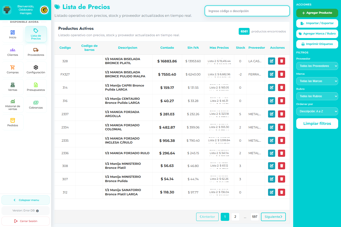 Pantalla real de lista de precios y productos de GOH SHOP
