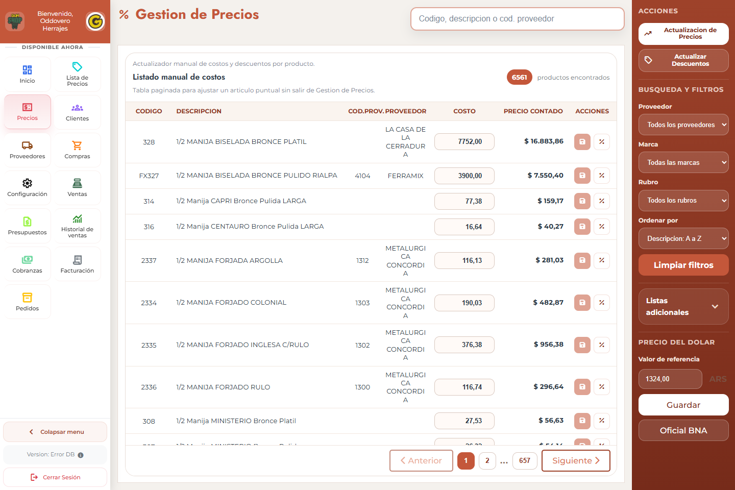 Captura real de Gestión de Precios