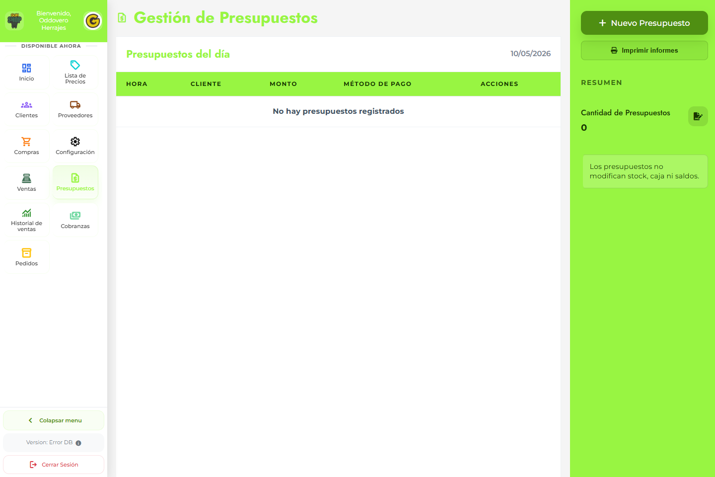 Captura real de Gestión de Presupuestos