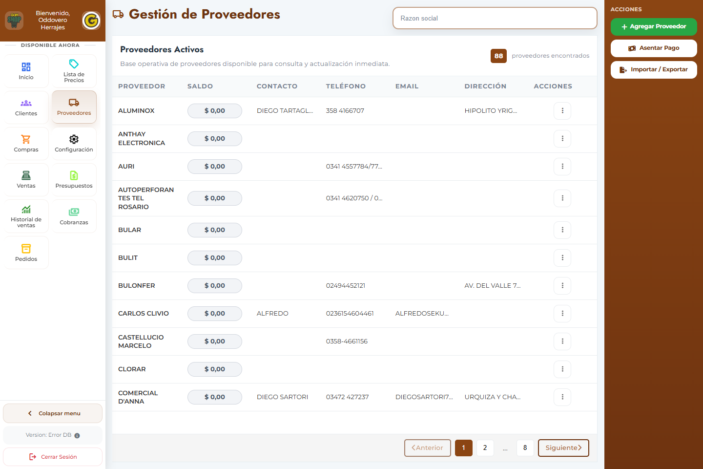Captura real de Gestión de Proveedores